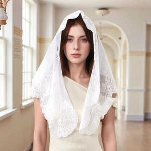 Elegant white floral embroidery lace bridal mantilla veil with intricate scalloped edges