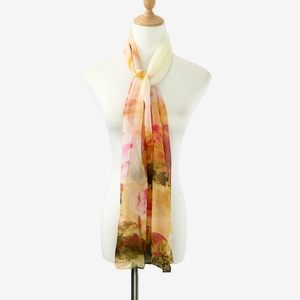 Detail view of lightweight chiffon long scarf with orange lotus floral print for women