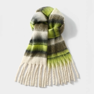 Soft striped imitation cashmere scarf with long tassels and vibrant green accents