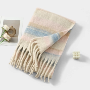 Cozy colorful striped cashmere winter scarf for women, warm Korean style tassel wrap.
