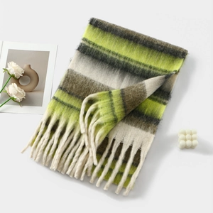 Plaid cashmere-like scarf with green and beige stripes featuring decorative fringe edges