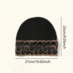 Black beanie with gold flower embroidery and blue beads, size 23x27cm flat dimensions