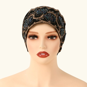 Ethnic black turban head wrap with gold lace embroidery and blue floral beadwork