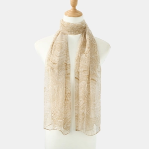 Close-up of lightweight paisley georgette scarf with vintage beige patterns and texture