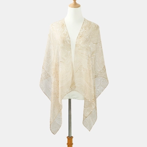 Elegant paisley print sheer shawl in light beige and gold, lightweight summer wrap