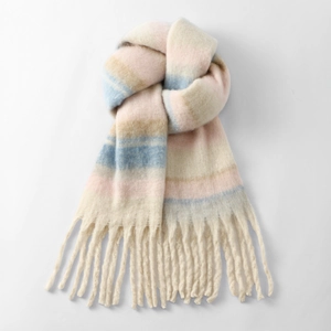 Detailed view of soft imitation cashmere striped scarf with fringe in pastel pink and blue