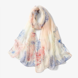 Lightweight floral print silk scarf with peach and blue botanical patterns for women