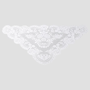 Exquisite white lace triangular shawl with intricate floral crochet and scalloped edges