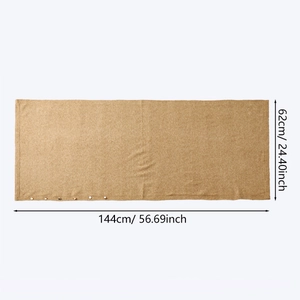 Flat lay of khaki knit shawl with buttons showing dimensions 144cm length and 62cm width