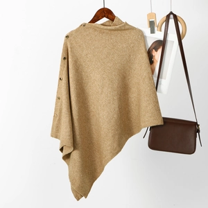 Detail of camel knit poncho showing golden buttons and thick textured fabric