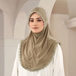 Women's Muslim Hijab Khimar Elegant Polyester Gold Lace Trim Floral Long Scarf Head Wrap Ethnic Religious Wedding Shawl