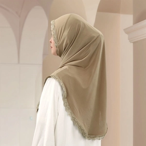 Elegant khaki chiffon hijab for women featuring intricate lace floral edges and premium fabric