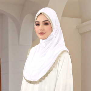 Elegant white chiffon hijab featuring golden floral lace embroidery for a stylish look