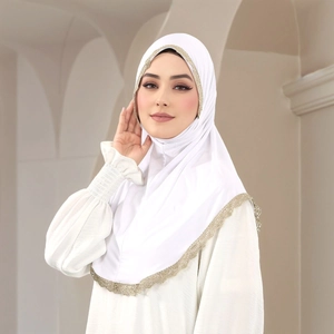 Elegant white chiffon hijab featuring intricate gold floral lace trim for a stylish look