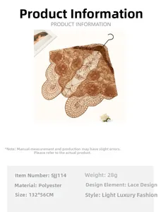 Lace triangle scarf in brown polyester with delicate floral embroidery and scalloped edges