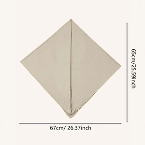 Size diagram of beige knit headscarf showing 67cm width and 65cm height dimensions