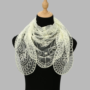 Elegant ivory embroidered lace shawl with vintage floral and butterfly motifs for women
