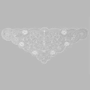 Detail of white lace triangle scarf with intricate floral embroidery and scalloped edges