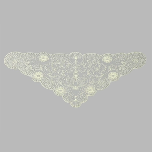 Close-up of beige lace embroidery with floral patterns and symmetrical vintage design