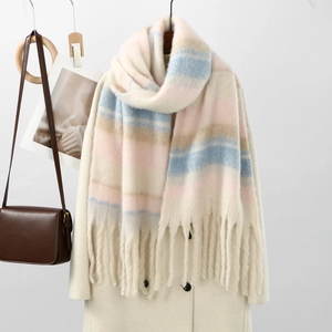 Dettaglio di sciarpa a quadri tipo cashmere con lunghe nappe e motivi a righe tenui