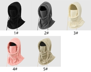Detail of multi-color thickened fleece hood masks with adjustable drawstrings