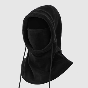 Detail of black fleece hooded scarf with adjustable drawstring and neck warmer