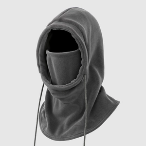 Deep grey hooded fleece neck gaiter with adjustable drawstring and windproof design