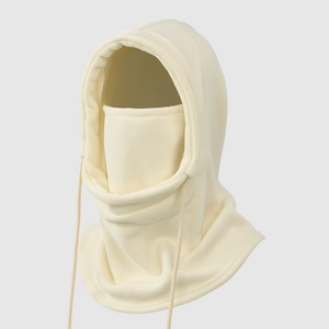 Detailed view of cream balaclava with adjustable drawstring and thickened fleece texture