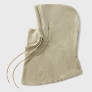 Detail of warm plush balaclava with adjustable drawstring in beige for wind protection