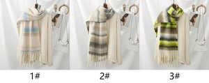 Detailed comparison of three color block plaid winter scarves with thick fringe tassels