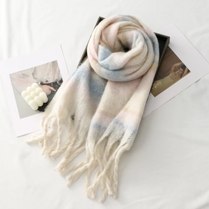 Thick knit plaid scarf with long tassels and soft pastel color block patterns