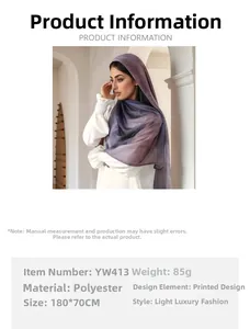 Detail view of purple gradient printed headscarf showing 180x70cm size and polyester fabric