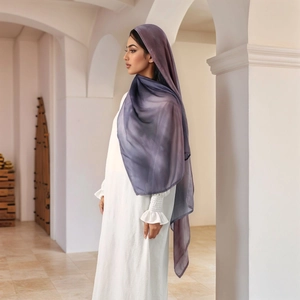 Detail of purple gradient rayon headscarf showing lightweight breathable fabric texture
