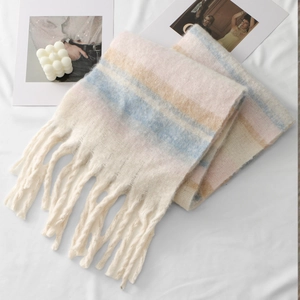 Detail of color-block plaid scarf showing soft fuzzy texture and long tassel edges