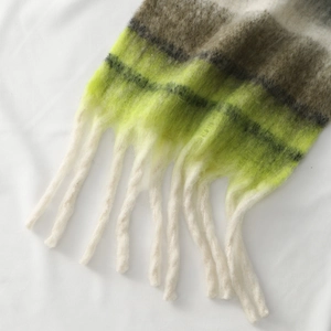 Detail of color-block mohair scarf showing thick fringe and chunky knit texture