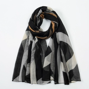 Écharpe moderne en georgette de soie avec motif géométrique et blocs de noir et gris