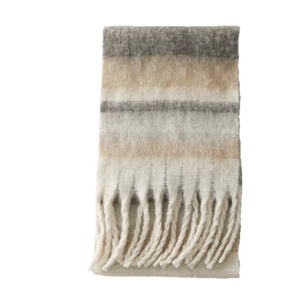 Cozy winter striped mohair scarf for women, thick plush warm tassel neck wrap, fashion style.