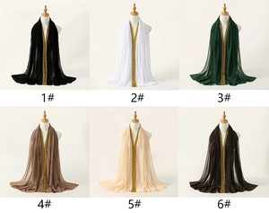 Selection of long chiffon scarves featuring elegant gold floral lace embroidery in six colors