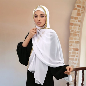 Women Elegant Chiffon Scarf With Gold Floral Lace Edge Versatile Fashion Hijab Shawl For Wedding Party Daily Lightweight Soft Wrap