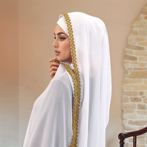 Elegant white chiffon hijab for women with detailed golden lace floral embroidery edges