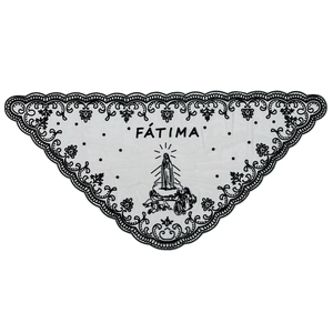 White Fatima triangle scarf with black lace floral trim and religious print detail