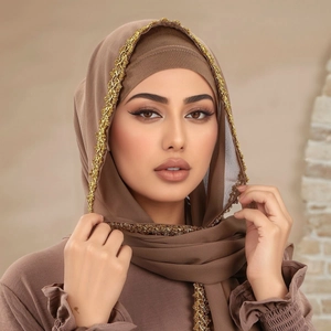 Brown chiffon hijab with gold floral lace embroidery and matching undercap for women
