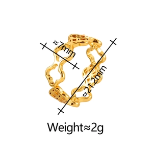 Gold hollow geometric flower open ring 7mm wide with polished clover pattern design