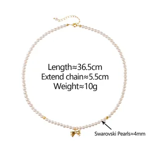 Collier élégant de perles 4mm avec pendentif nœud doré et fermoir mousqueton réglable