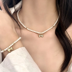 Collier Et Bracelet En Künstliche Perles Avec Pendentif Nœud Élégant Bijoux De Luxe Style Français Pour Femmes Plaqué Or Chic