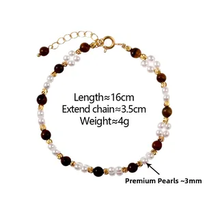 Vue détaillée du bracelet en oeil de tigre et perles avec dimensions de 16+3,5cm