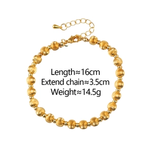 Detail view of gold beaded bracelet showing 16cm length and 3.5cm extension chain