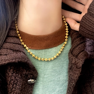 Minimalist Round Ball Bead Chain Necklace And Bracelet 18K Gold Plated Copper Brushed Texture Elegant Jewelry For Women