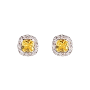Boucles d'oreilles halo en argent avec pierre jaune carrée et zircons scintillants