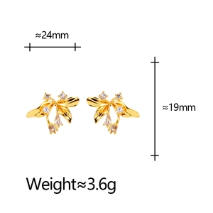 Elegant gold flower stud earrings with sparkling cubic zirconia petals and leaf accents